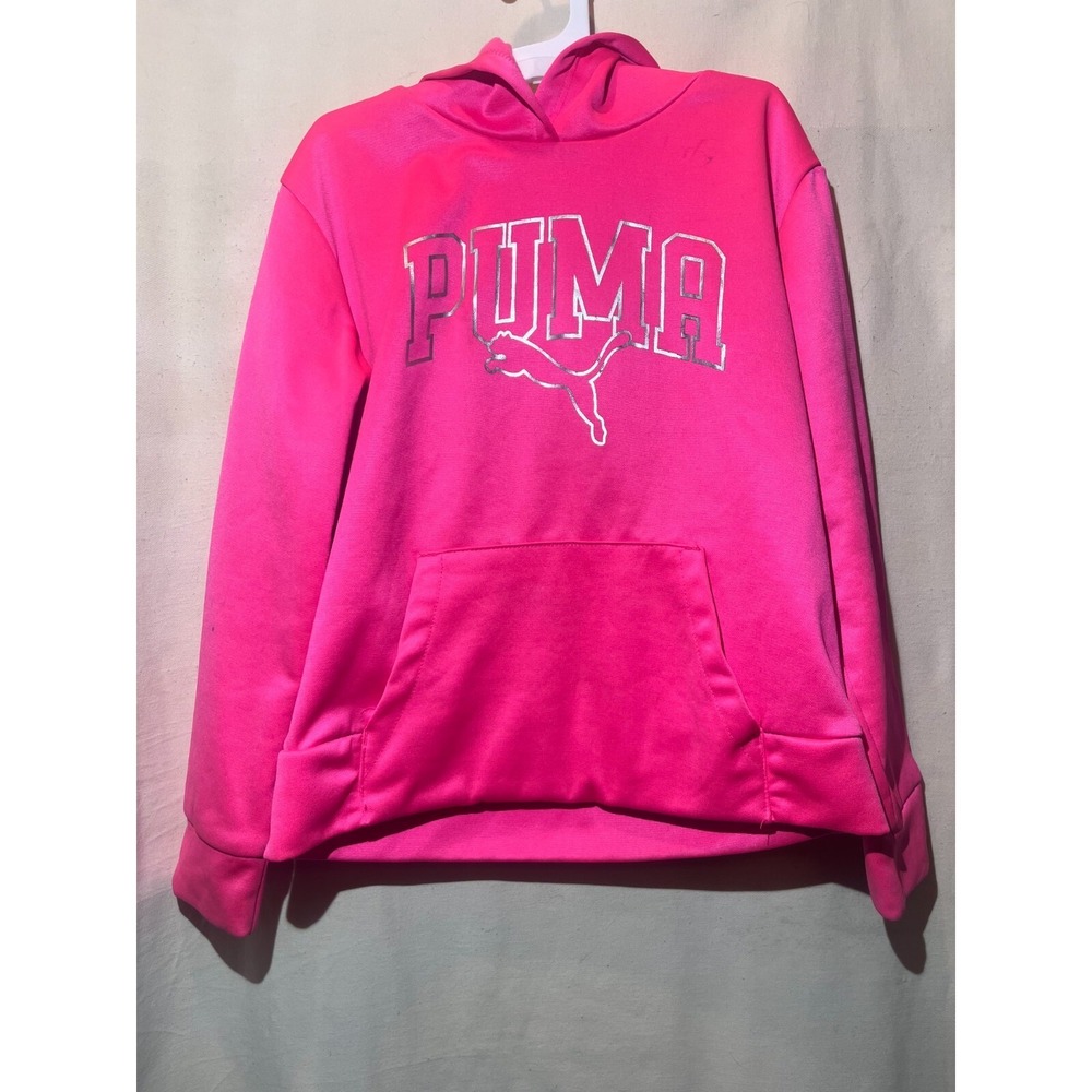 Puma Girls SZ M Hot Pink Athletic Silver Logo‎ Hoodie Pullover A87